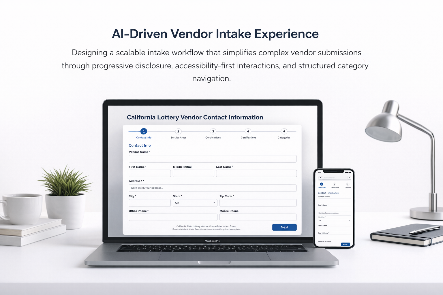 A flat-style digital illustration shows two professional UX designers collaborating at a desk. One designer is standing and pointing at a large screen displaying a multi-step progress bar, chip filters, and form interface elements. The other designer is seated, working on a laptop, with normal facial features and no logos on their clothing. The scene is set in a modern, minimal workspace with soft blue and teal tones.