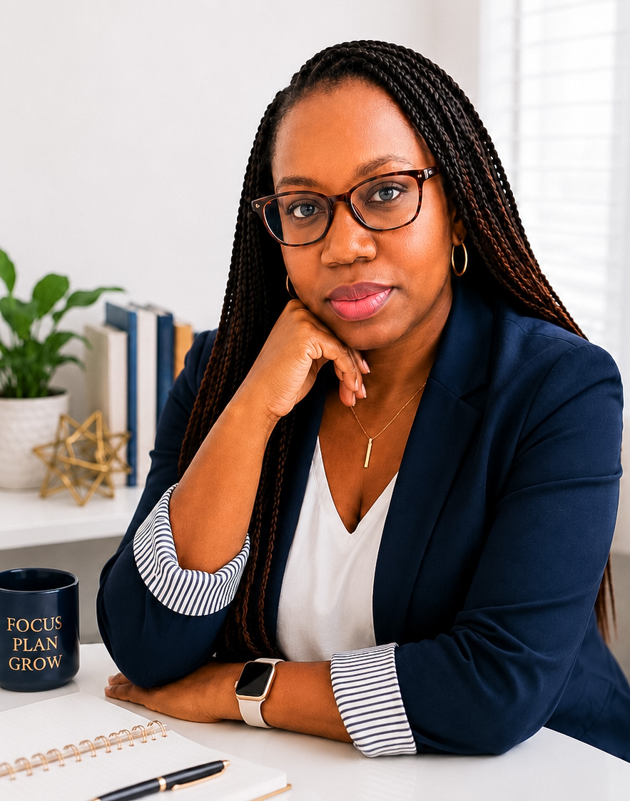 Dr. Carna Richardson seated at a desk in a modern office workspace.