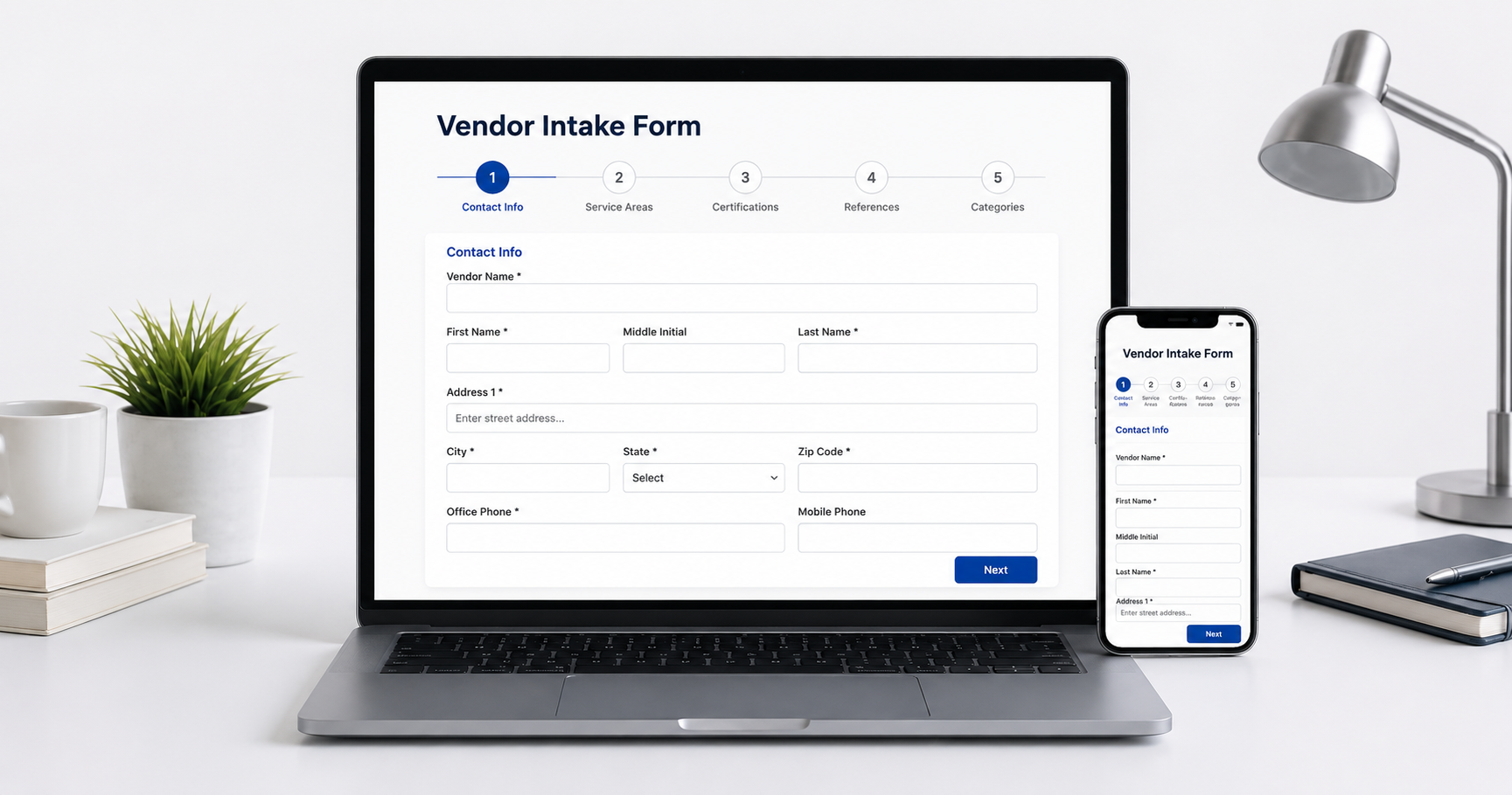 Modern workspace displaying a responsive Vendor Intake Form on a laptop and smartphone, demonstrating a multi-step vendor registration process with contact information fields, progress indicators, and a clean, user-centered interface for desktop and mobile devices.