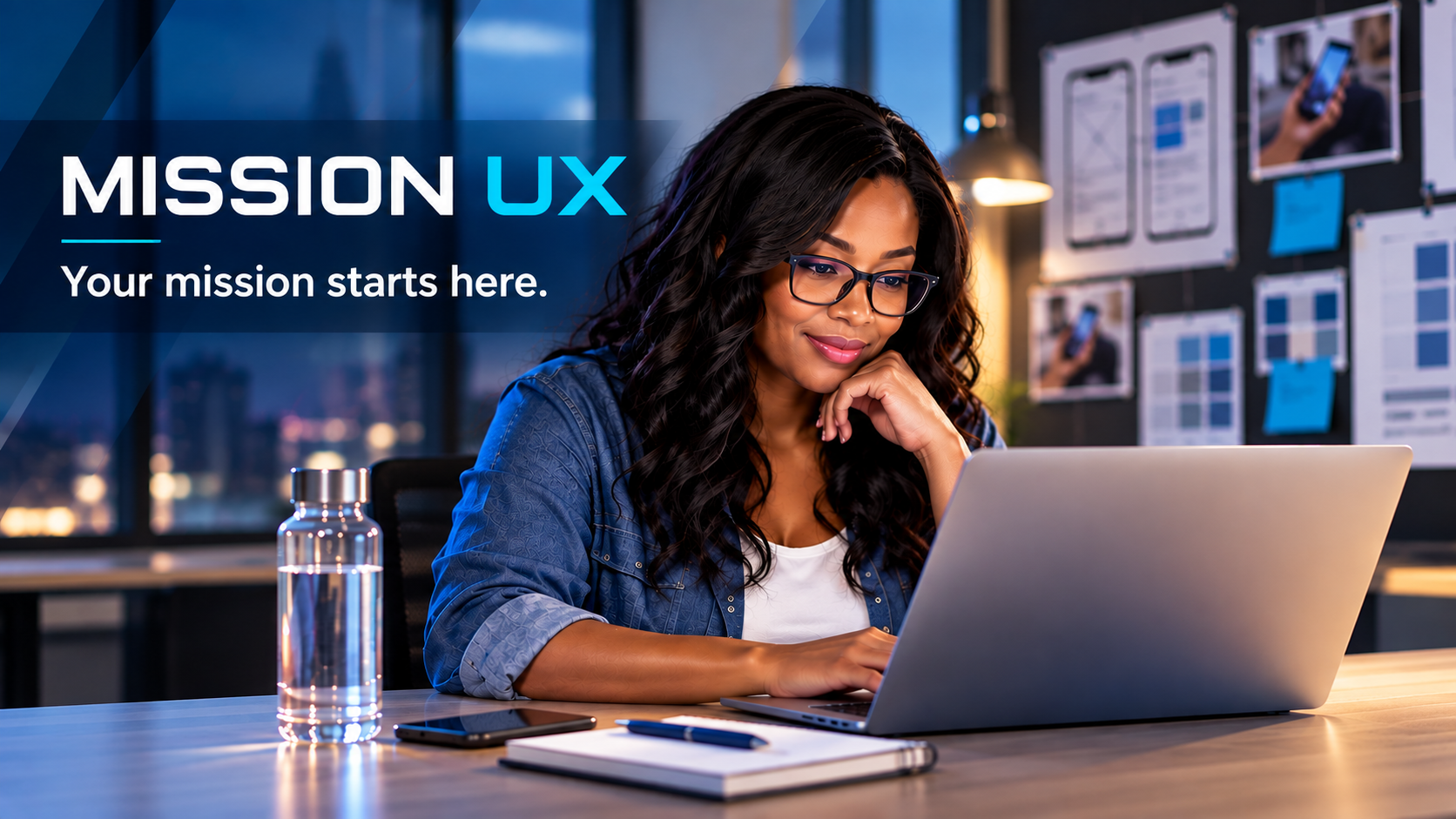 Mission UX hero image showing a UX professional working at a laptop in a modern workspace with UX wireframes and interface designs in the background. A dark blue overlay reads Mission UX and Your mission starts here, introducing the learner to the Mission UX experience.
