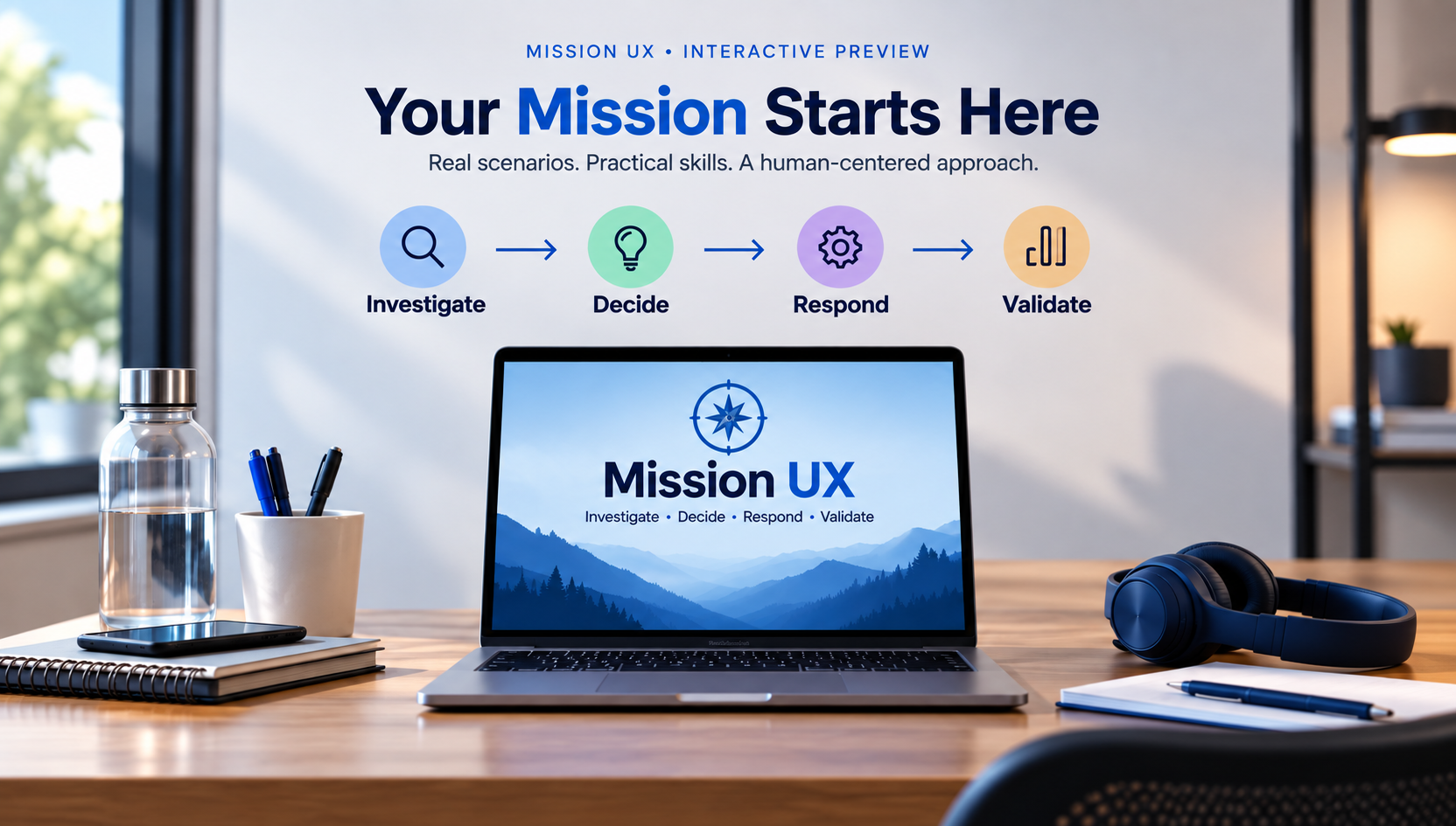 “Mission UX landing image showing a modern workspace with a laptop displaying the Mission UX experience. Above the laptop, the four-part UX process—Investigate, Decide, Respond, and Validate—is shown with icons and arrows under the message ‘Your Mission Starts Here.’”